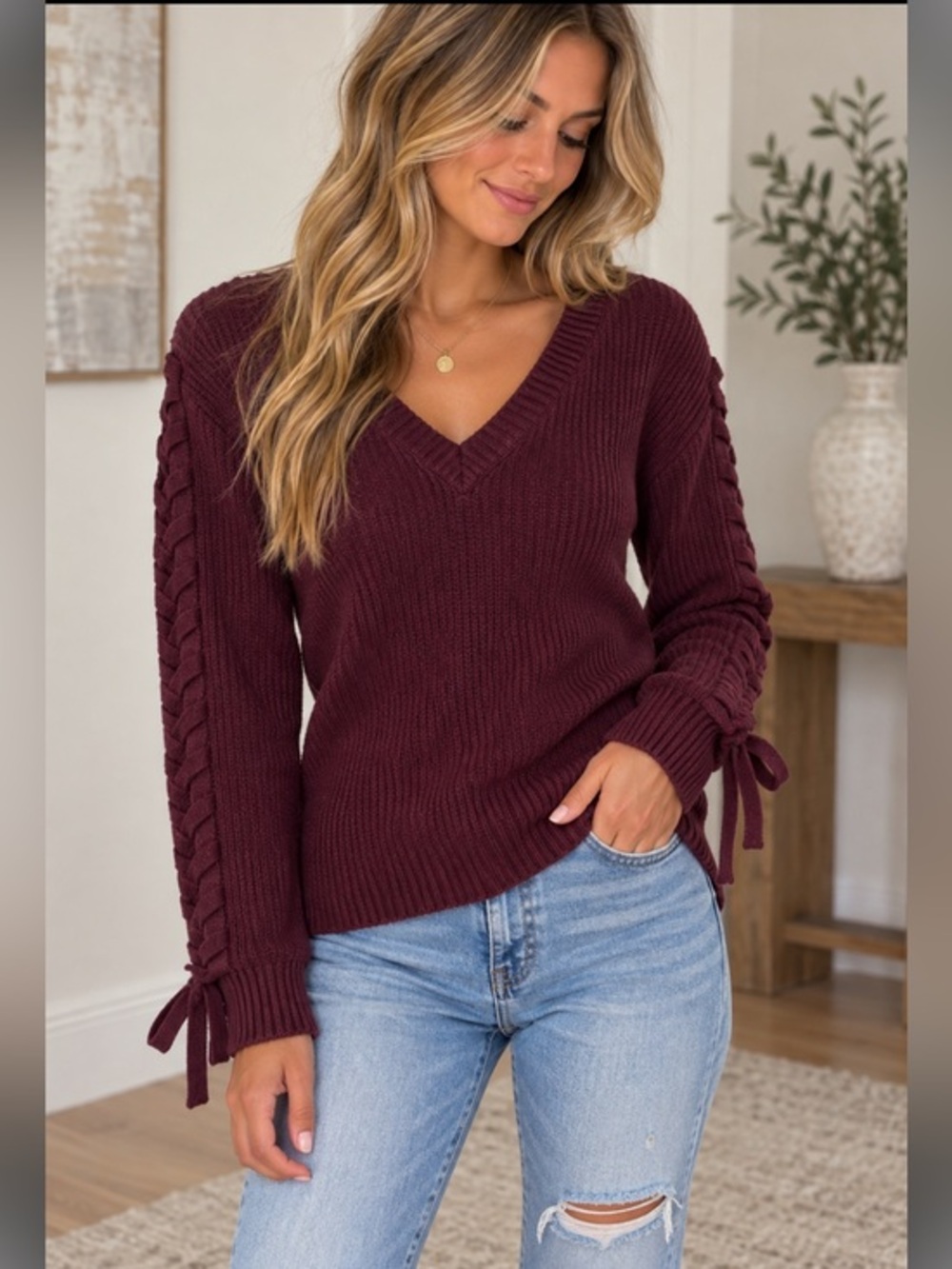American Eagle Outfitters Burgundy Lace Up Sleeve V Neck Sweater Size XS